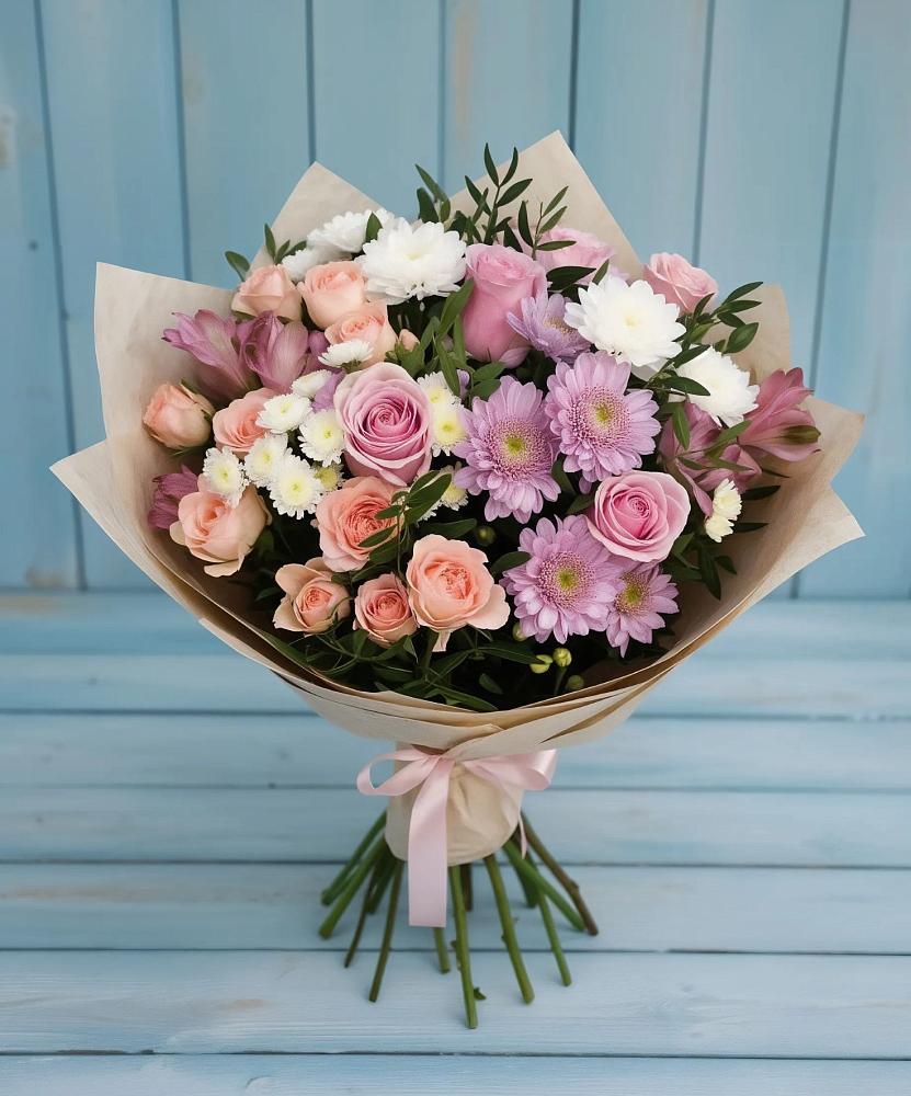 Букет цветов из: Хризантемы, Розы и Альстромерии в Дудинке