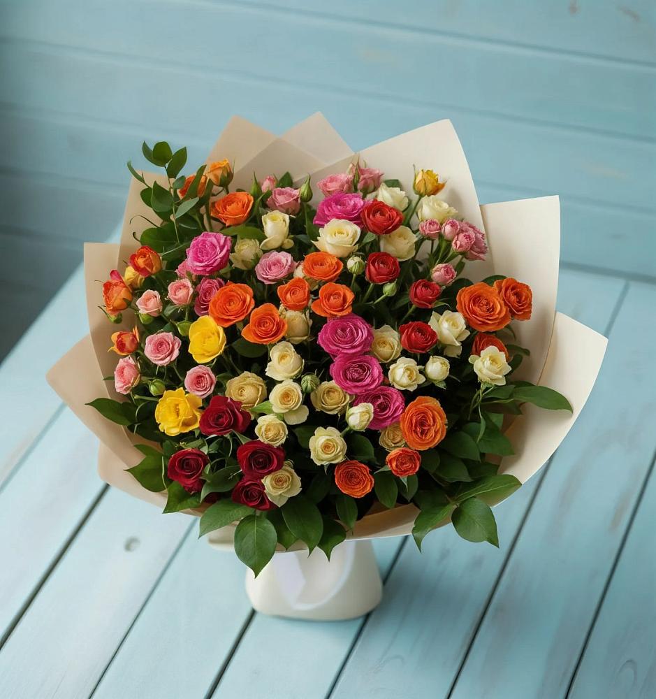 Букет Микс из разноцветных кустовых роз в Дудинке